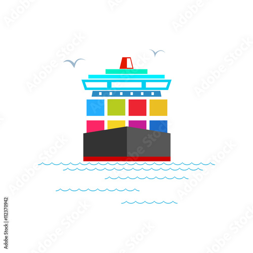 Front View of the Cargo Container Ship Isolated on White, Industrial Marine Vessel with Containers on Board, International Freight Transportation, Vector Illustration