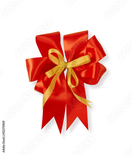 Red ribbon double bow on white background
