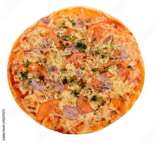 Mixed pizza from top on white background