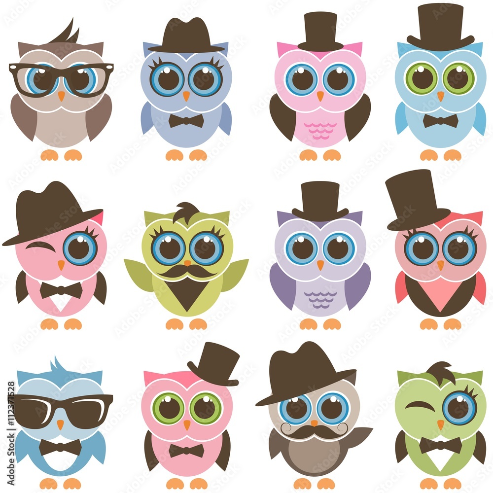 gentleman and hipster owl icons set