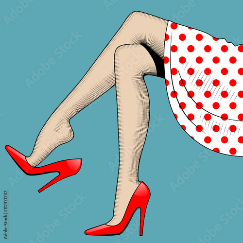 Vintage drawing of beautiful woman legs in red high-heeled shoes