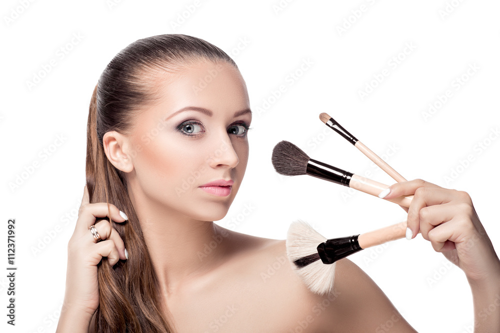 woman with Makeup Brushes woman with Makeup Brushes