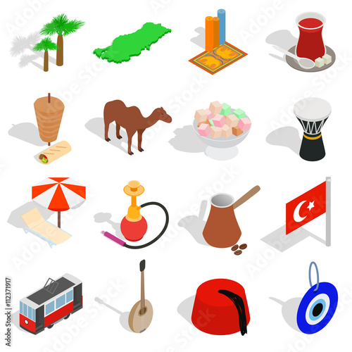 Country Turkey icons set, isometric 3d style