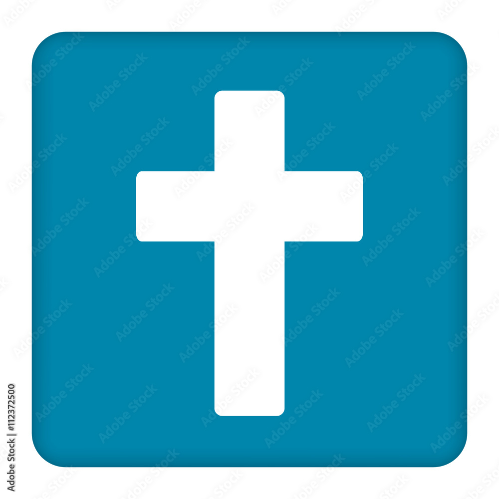 White cross symbol vector icon. Blue square. Blue button. White cross symbol vector icon. Blue square. Blue button.