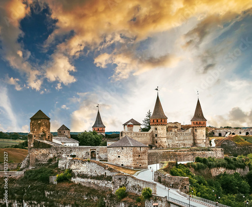 scenic view on Kamenetz-Podolsky fortress at sunset