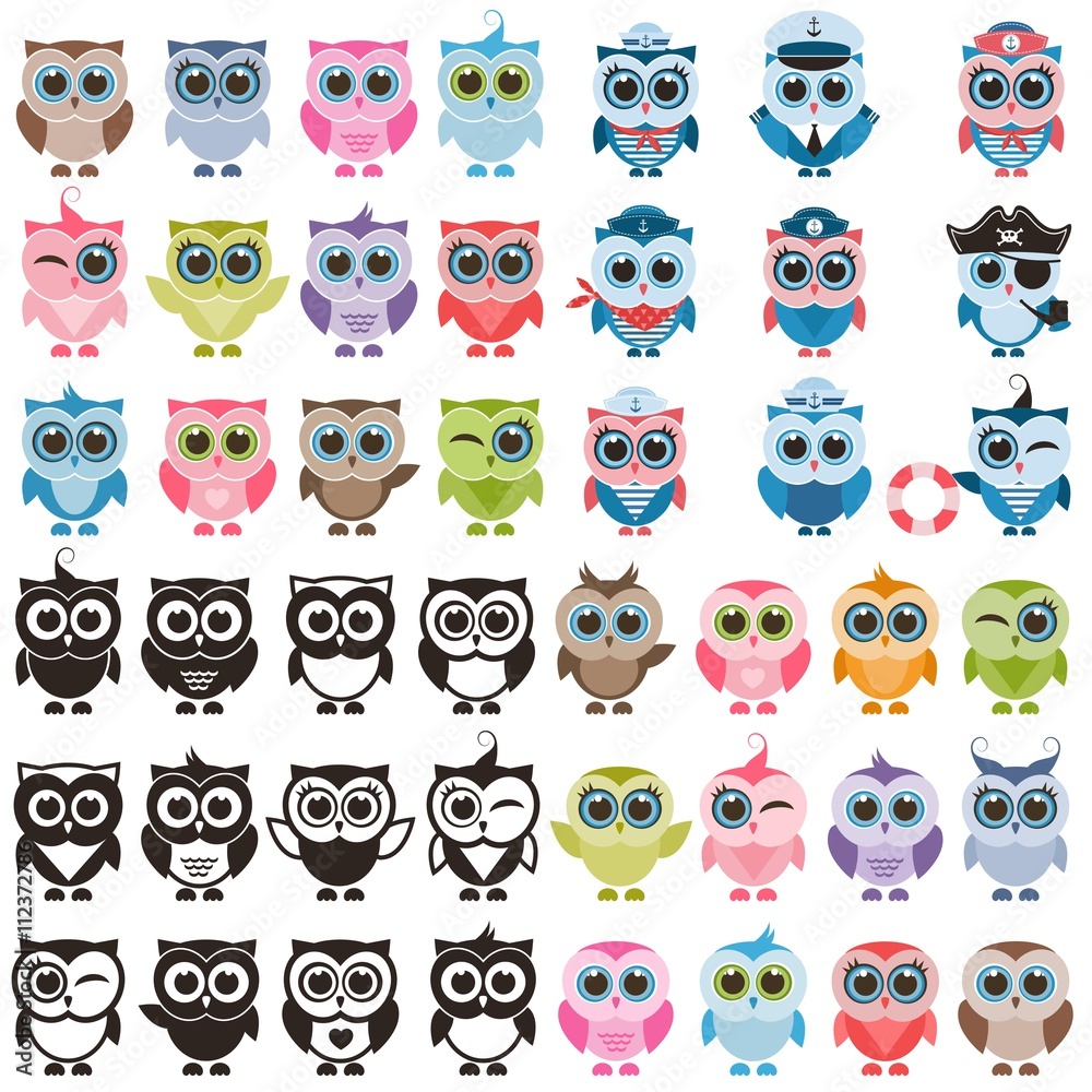 Funny colorful owls and isolated on white Funny colorful owls and isolated on white