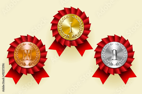 Gold, silver and bronze round medals with laurel wreaths