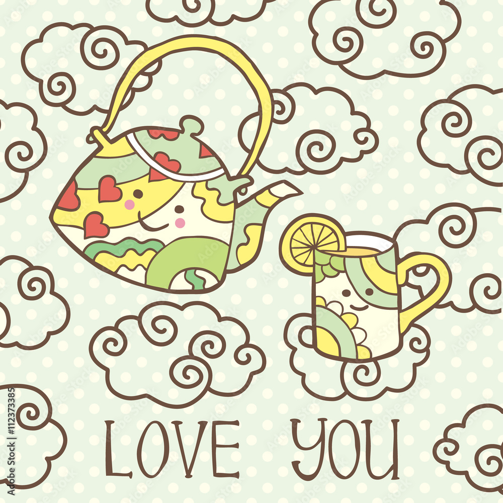 Cute smiling teapot and cup on clouds. Cute smiling teapot and cup on clouds.