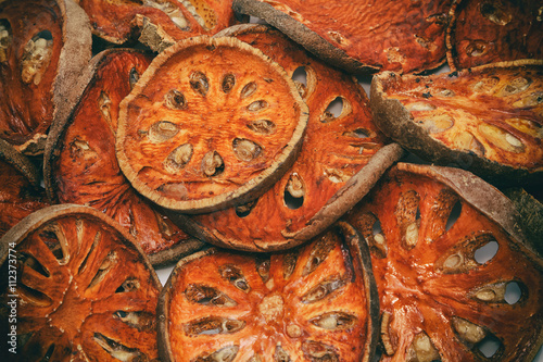 Close up slices of dried bael fruit