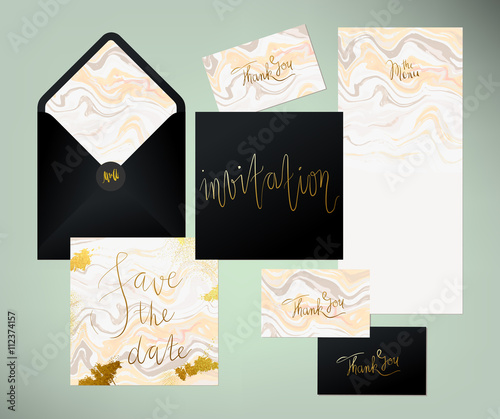 Wedding marble textured invitation suite. Invitation card, menu and envelope vector templates with peach pink and grey liquid acrylic drips and hand written golden calligraphy elements.