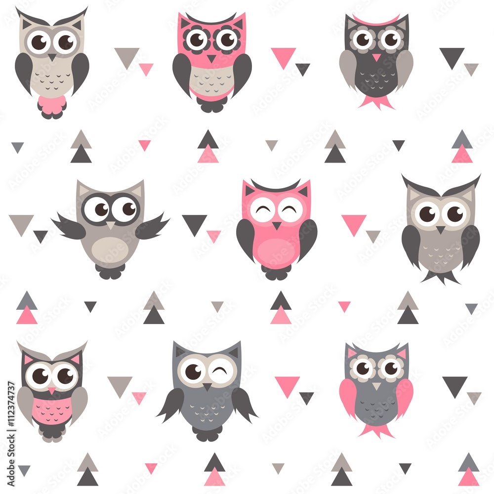 Obraz premium Background with owls, owlets and triangles