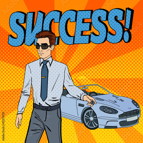 Successful Businessman. Man Holding a Car Key. Pop Art. Vector 