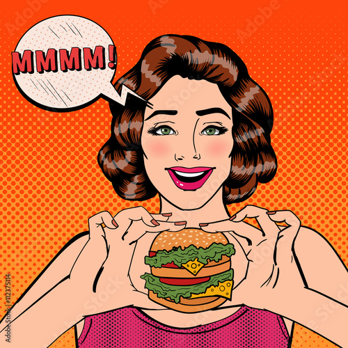 Young Woman Eating Hamburger. Woman Holding Burger. Pop Art. Vector