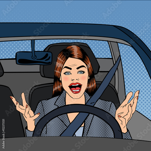 Angry Woman Driver. Aggressive Woman Driving Car. Pop Art. Vector