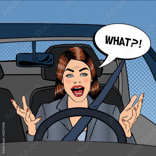 Angry Woman Driver. Aggressive Woman Driving Car. Pop Art. Vector