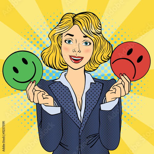 Woman Holdings Emoticons in her Hands. Pop Art. Vector illustratration