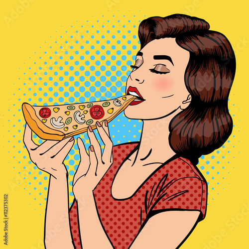 Woman Eating Pizza. Young Woman Holding Big Piece of Pizza. Pop Art