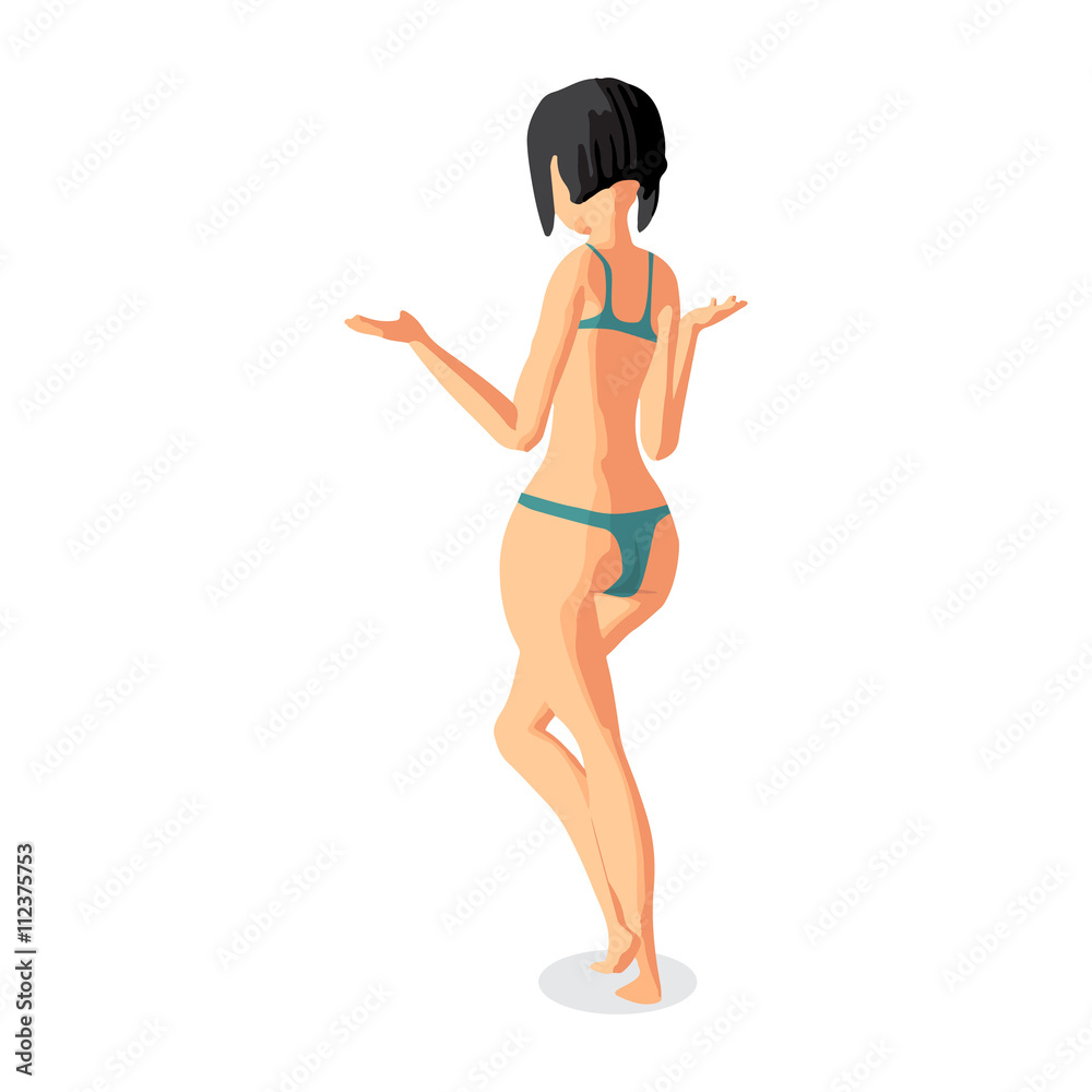 Brunette woman dressed in green swimsuit is standing on one leg Brunette woman dressed in green swimsuit is standing on one leg