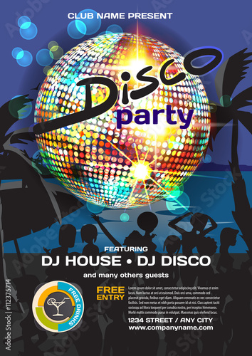 Vector summer party invitation disco style. Night beach, crowd w