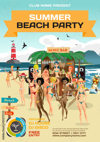 Vector summer party invitation beach style. Day beach, bar with