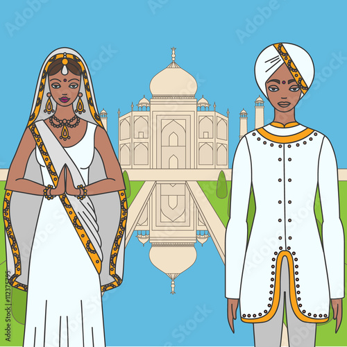 Taj Mahal Temple Landmark in Agra, India. Indian white marble mausoleum, indian architecture and South Asia beautiful woman and man wearing indian traditional cloth,  Shah Jahan and Mumtaz Mahal