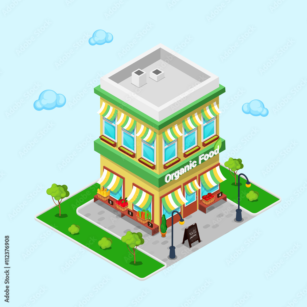 Organic Food Shop. Isometric Grocery. Healthy Eating. Vector illustration