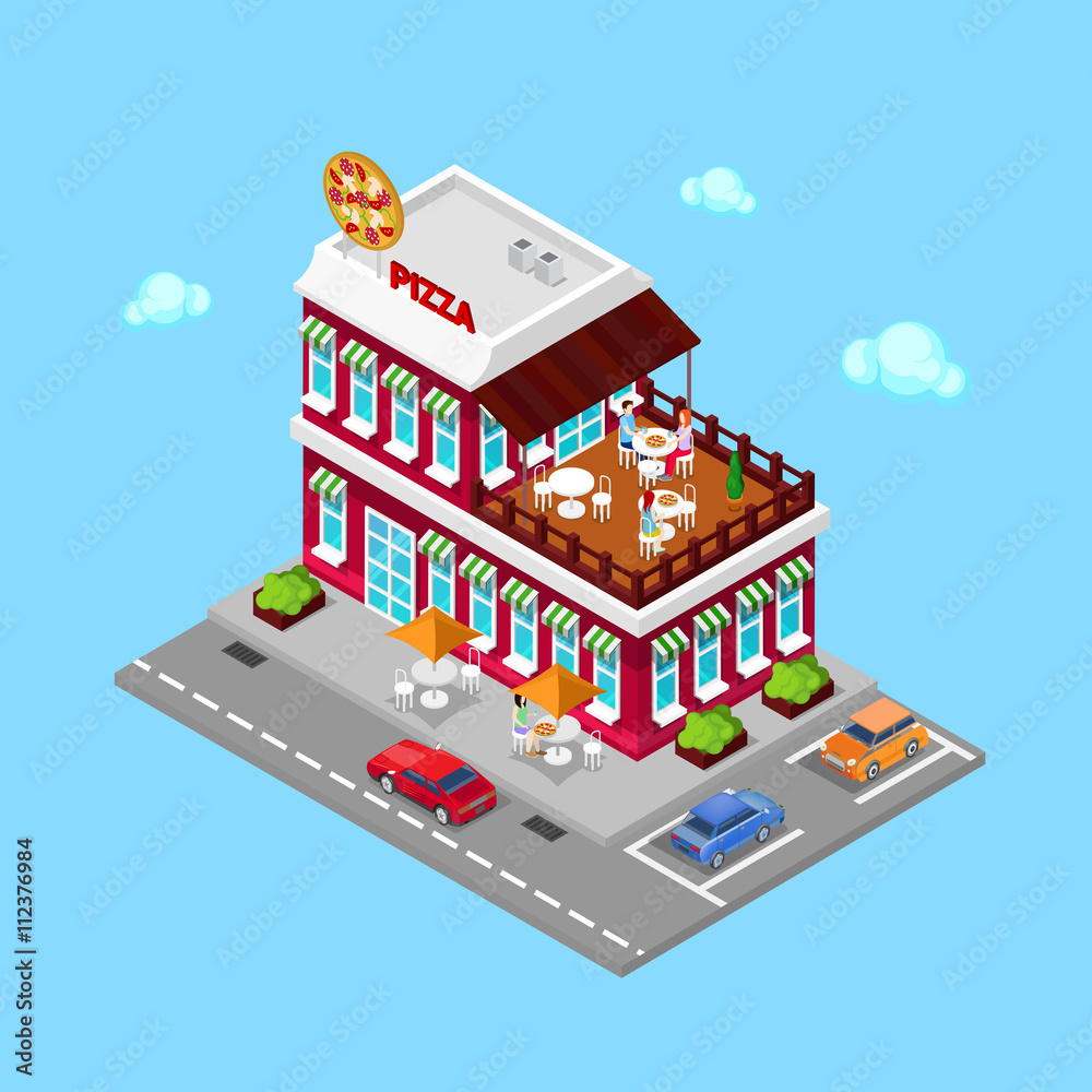Isometric Pizzeria. Modern Restaurant with Parking Zone. People in Restaurant