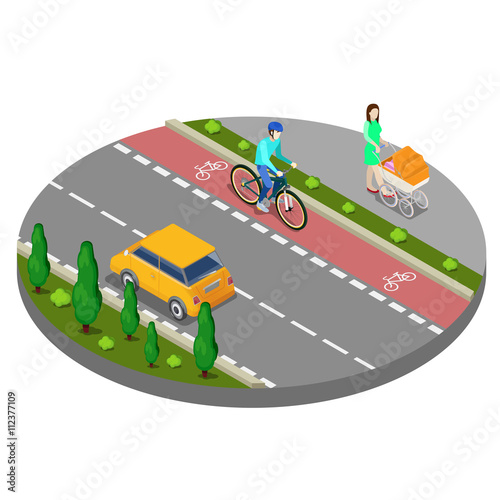 Isometric City. Bike Path with Bicyclist. Footpath with Mother and Baby Carriage