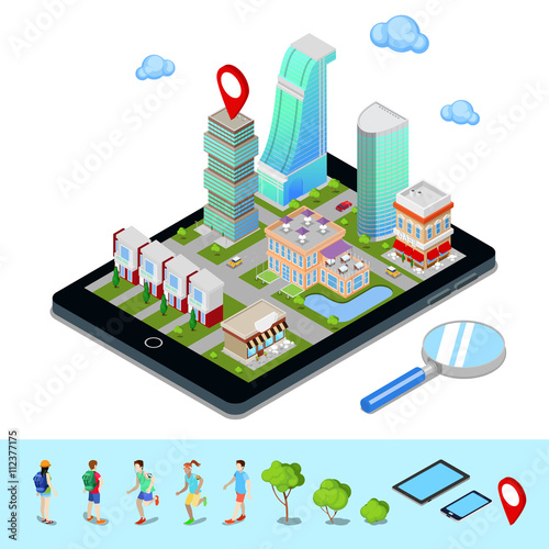 Isometric Mobile Navigation. Tourism Industry. Modern City on the Tablet Screen