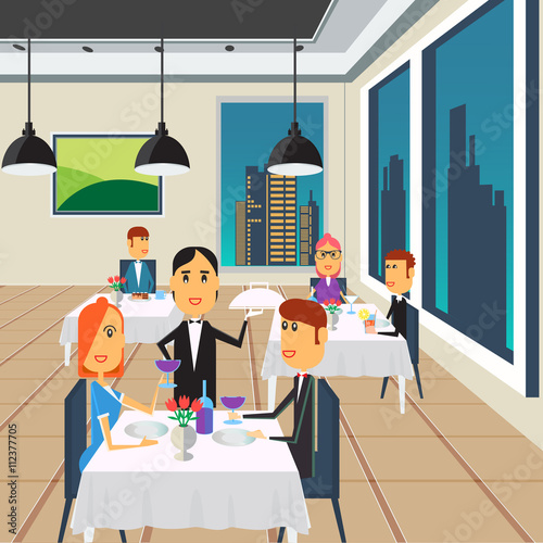 People in Restaurant. Restaurant Interior. Happy Couple on Dinner