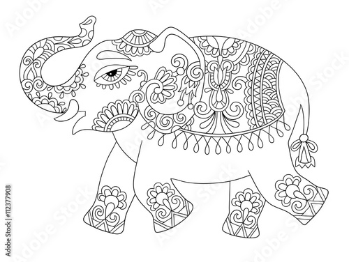 ethnic indian elephant line original drawing, adults coloring bo