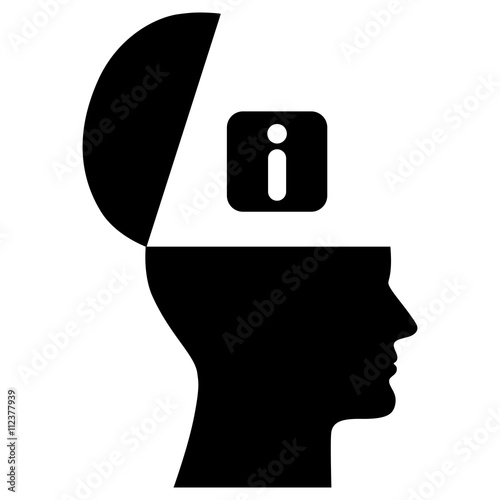 Symbol für Informationsaufnahme: Gesicht von der Seite mit aufgeklapptem Schädel und Info-Symbol – schwarz-weiß / Vektor / freigestellt