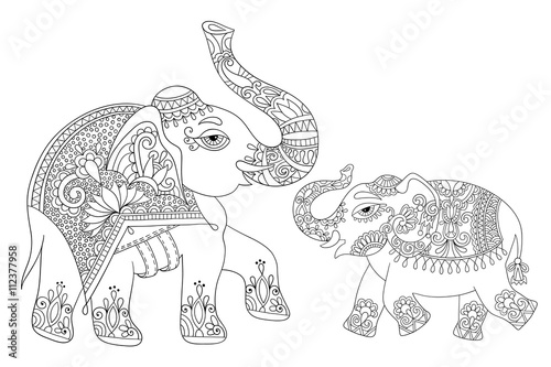 ethnic indian elephant line original drawing, adults coloring bo