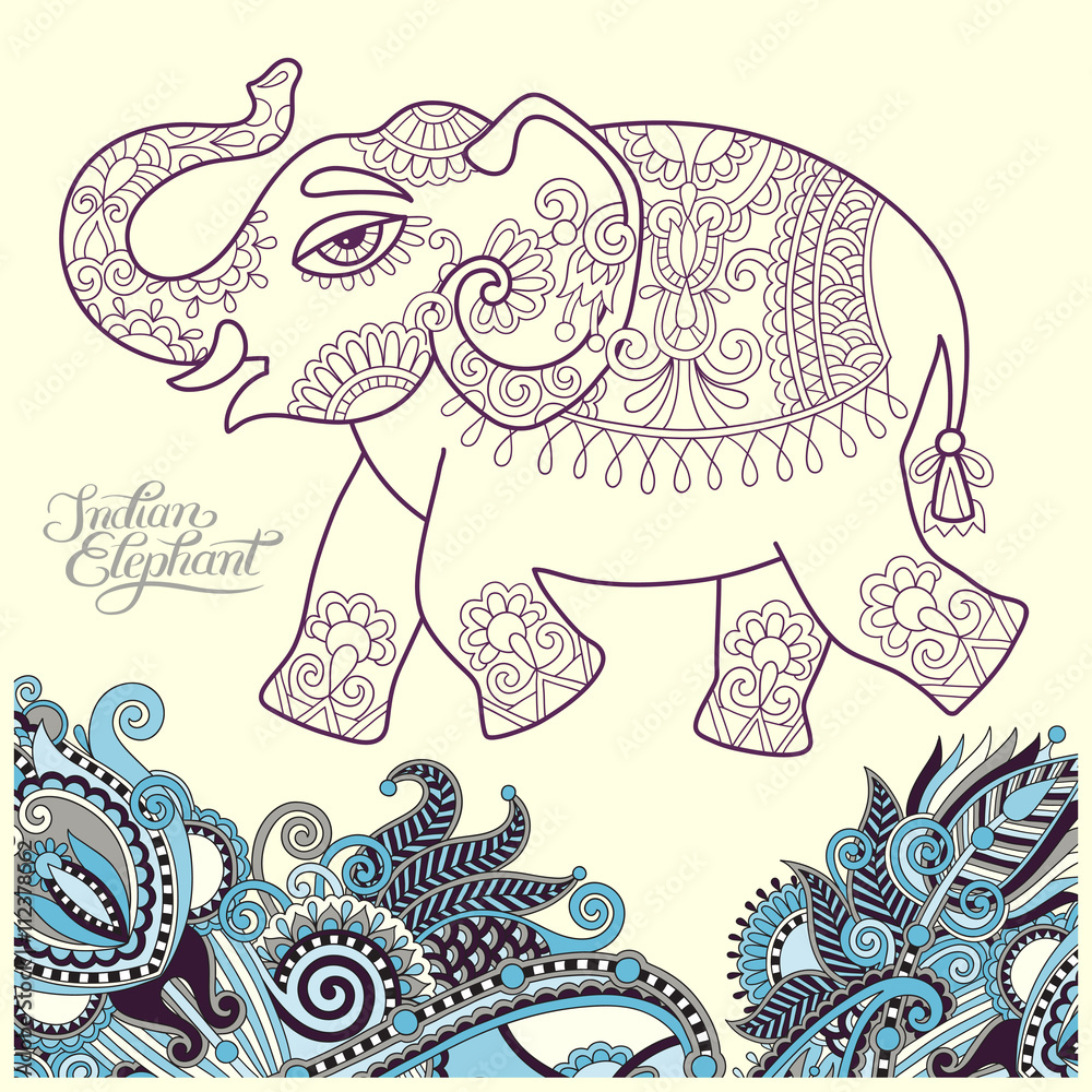Fototapeta premium original stylized ethnic indian elephant pattern drawing and han