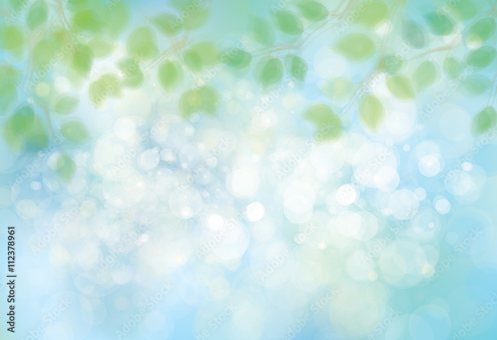 Vector green leaves on sunshine, blue, bokeh background. Vector green leaves on sunshine, blue, bokeh background.