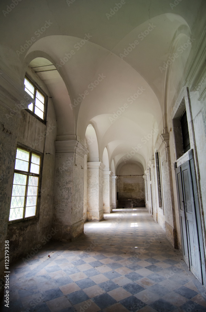 Old hall in abandoned building. Urbex in abandoned baroque hall.