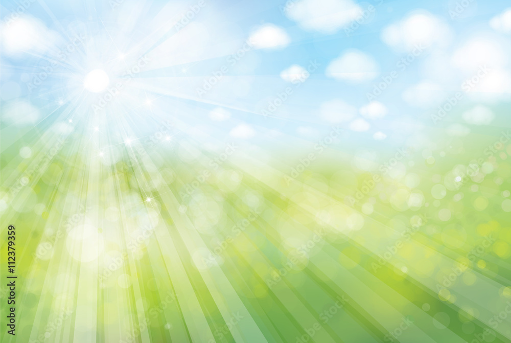 Obraz premium Vector sunshine bokeh background, green field and blue sky.