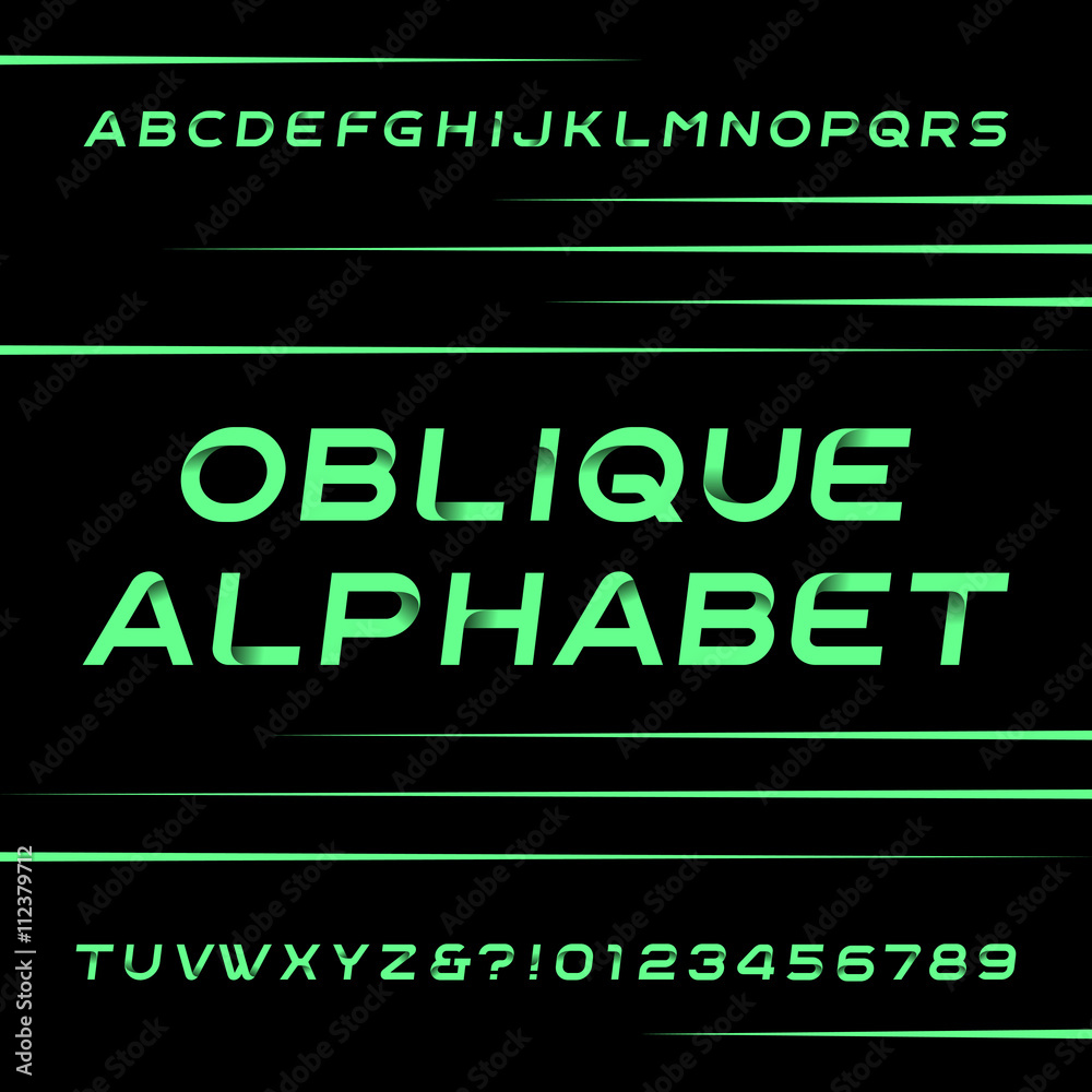 Decorative alphabet vector font. Oblique type letters and numbers. Stock vector typeface for your design. Easy color change.