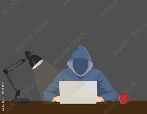 programmer hacker working on front of his laptop writing code in the middle of night vector graphic illustration