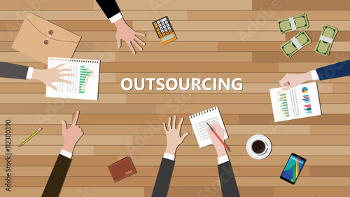 outsourcing team discussing on top of the table together vector graphic illustration