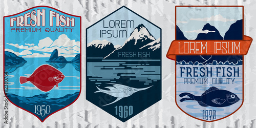 Vintage set of fish - vector. Logo, badge or label design template.