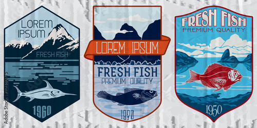 Vintage set of fish - vector. Logo, badge or label design template.