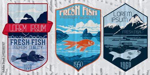Vintage set of fish - vector. Logo, badge or label design template.
