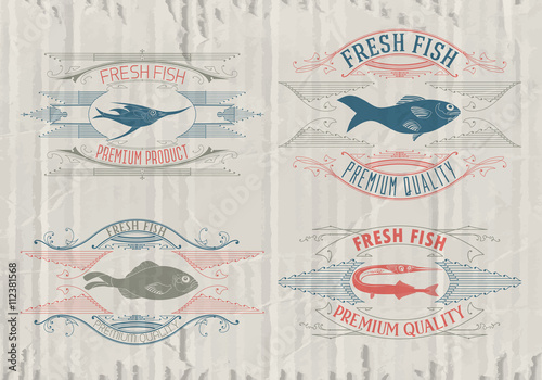 Typographical set of fish - vector. Logo, badge or label design template.