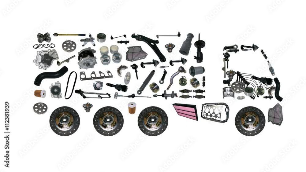 Goods are loaded on a truck. Images truck assembled from new spare parts.