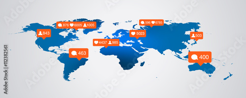 Like, follower, comment icons on map background. bubble vector illustration eps 10 counter notification template blog image.