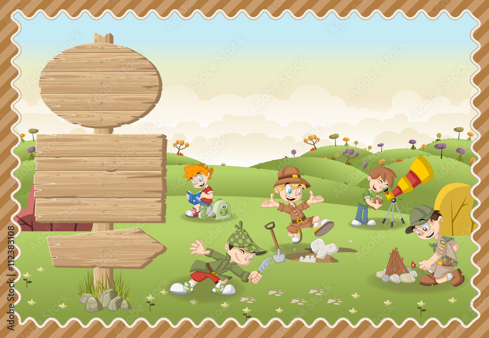 Card with a wooden signs. Cute cartoon explorer boys on a green park.