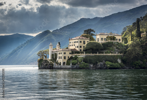 Lake Como Villa: The old Villa del Balbianello viewed from a ferry boat on Lake Como near Lecco, Italy