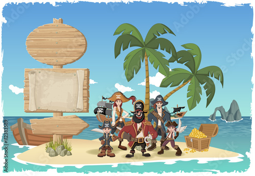 Wooden sign on a beautiful tropical island with cartoon pirates.