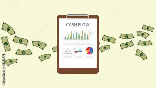 cashflow with clipboard graph chart with money flowing behind the paper document vector graphic illustration